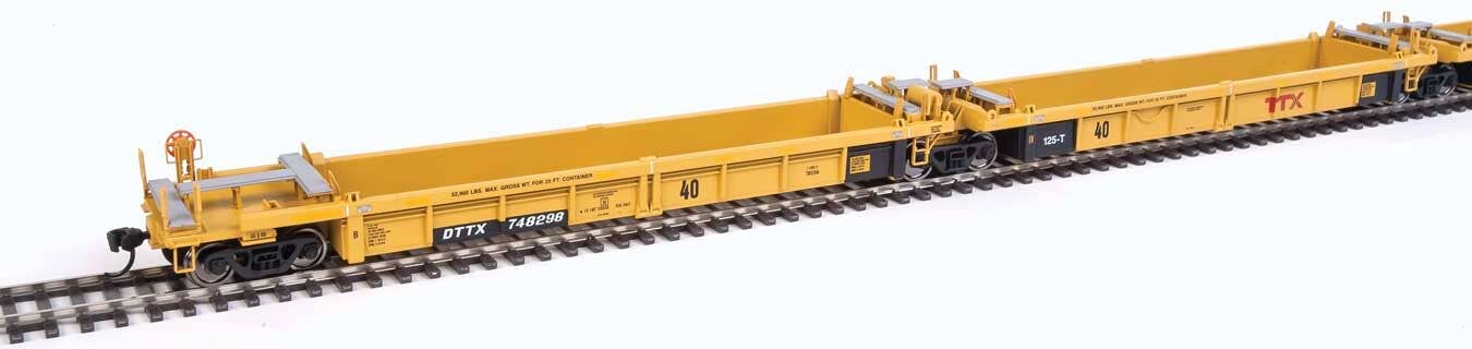 Walthers HO 55633 Thrall 5-Unit Rebuilt 40' Well Car - TTX DTTX #748298 A-E (yellow, black, large red logo, yellow conspicuity stri