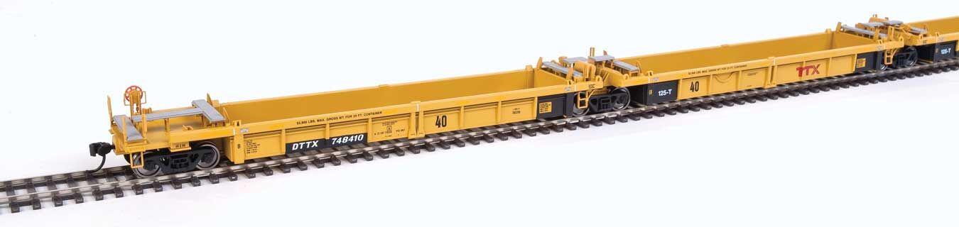 Walthers HO 55634 Thrall 5-Unit Rebuilt 40' Well Car - TTX DTTX #748410 A-E (yellow, black, large red logo, yellow conspicuity stri