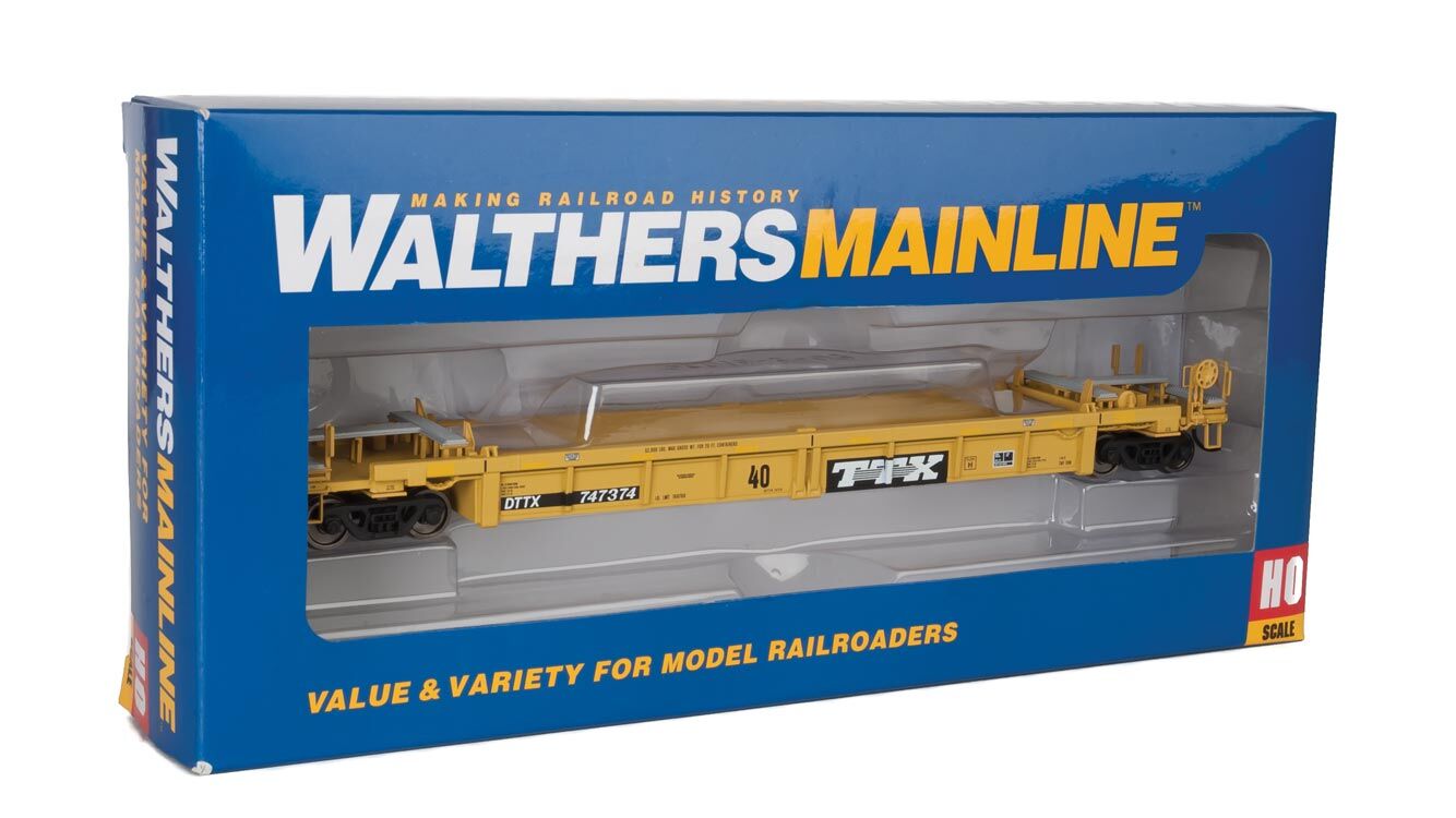 Walthers HO 5646 Thrall Rebuilt 40' Well Car - TTX DTTX #747374 (yellow, black, black & white logo, yellow conspicuity stri