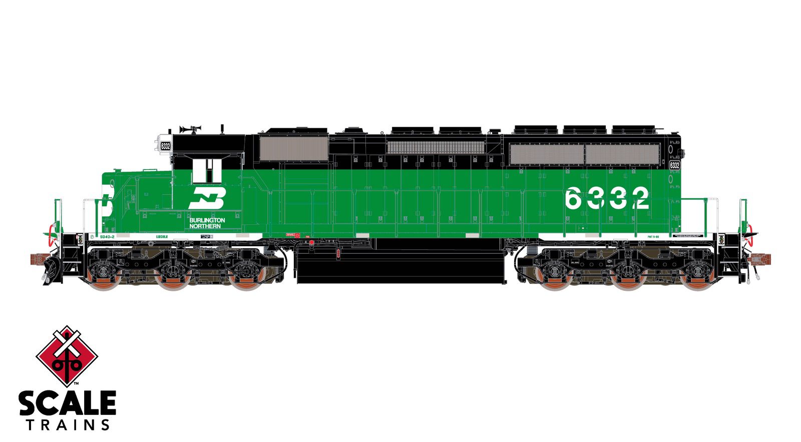 ScaleTrains SXT40751 Rivet Counter HO Scale EMD SD40-2, Burlington Northern/White Face 6332 DCC & Sound Equipped