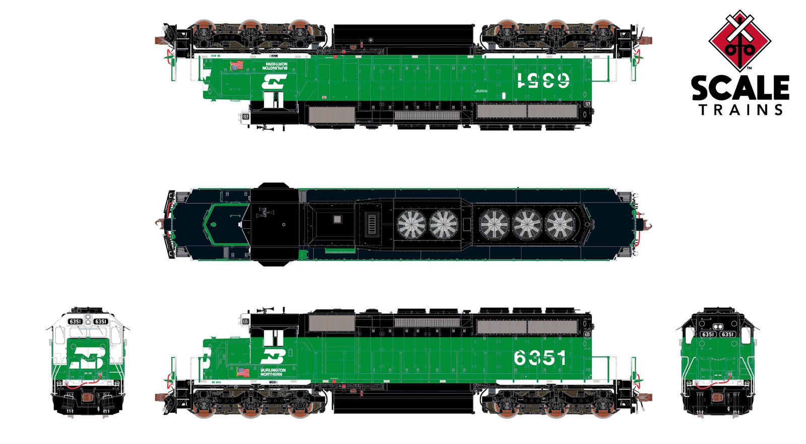 ScaleTrains SXT40751 Rivet Counter HO Scale EMD SD40-2, Burlington Northern/White Face 6332 DCC & Sound Equipped