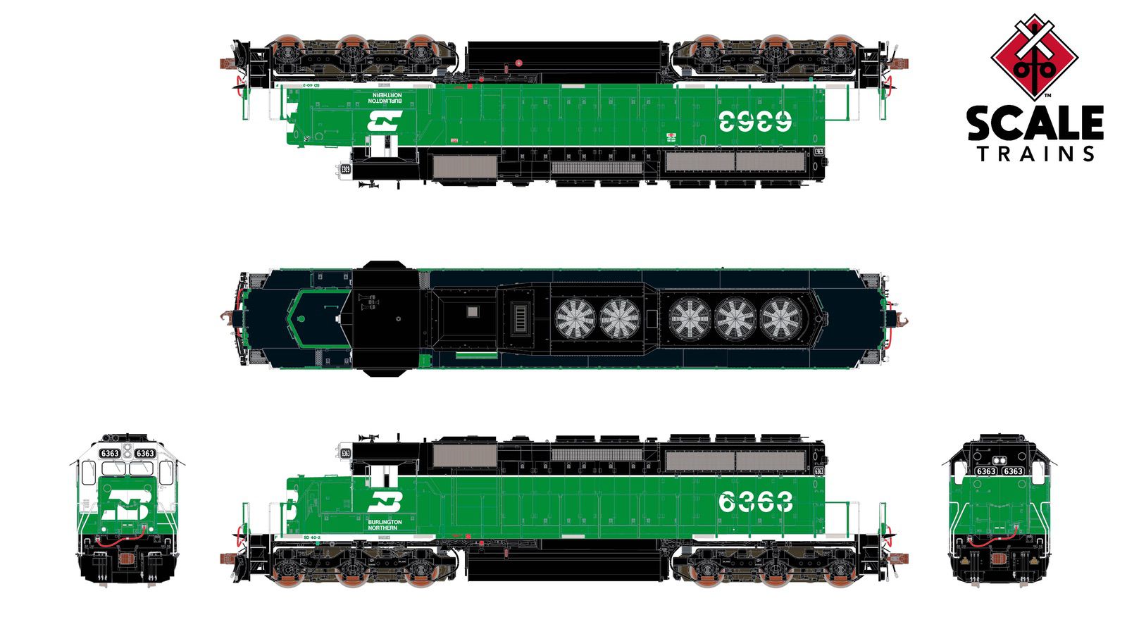 ScaleTrains SXT40757 Rivet Counter HO Scale EMD SD40-2, Burlington Northern/White Face/Strobe Lights 6350 DCC & Sound Equipped