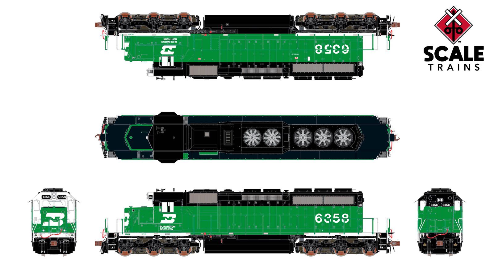 ScaleTrains SXT40759 Rivet Counter HO Scale EMD SD40-2, Burlington Northern/White Face/Strobe Lights 6358 DCC & Sound Equipped
