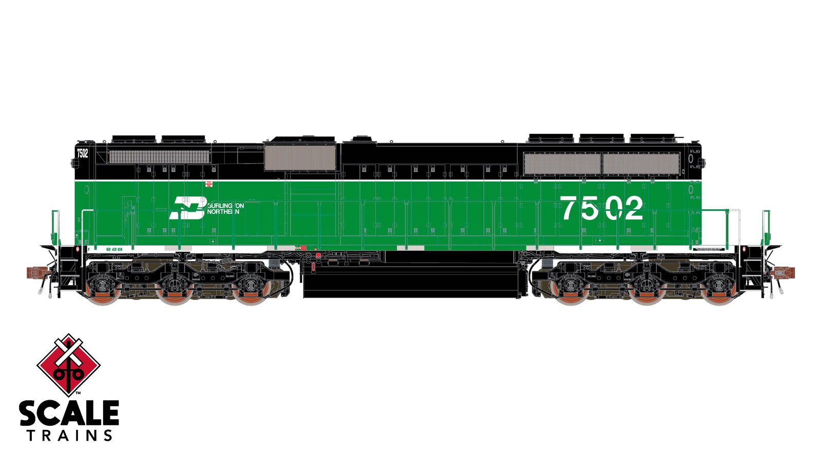 ScaleTrains SXT40763 Rivet Counter HO Scale EMD SD40-2B, Burlington Northern/White Face 7502 DCC & Sound Equipped