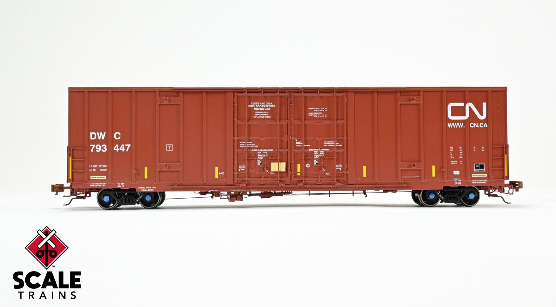 ScaleTrains SXT41000 Rivet Counter HO Scale Trinity 60' 7500 8' Double-Plug-Door High-Cube Boxcar, Canadian National/Conspicuity Stripes/DWC 793464