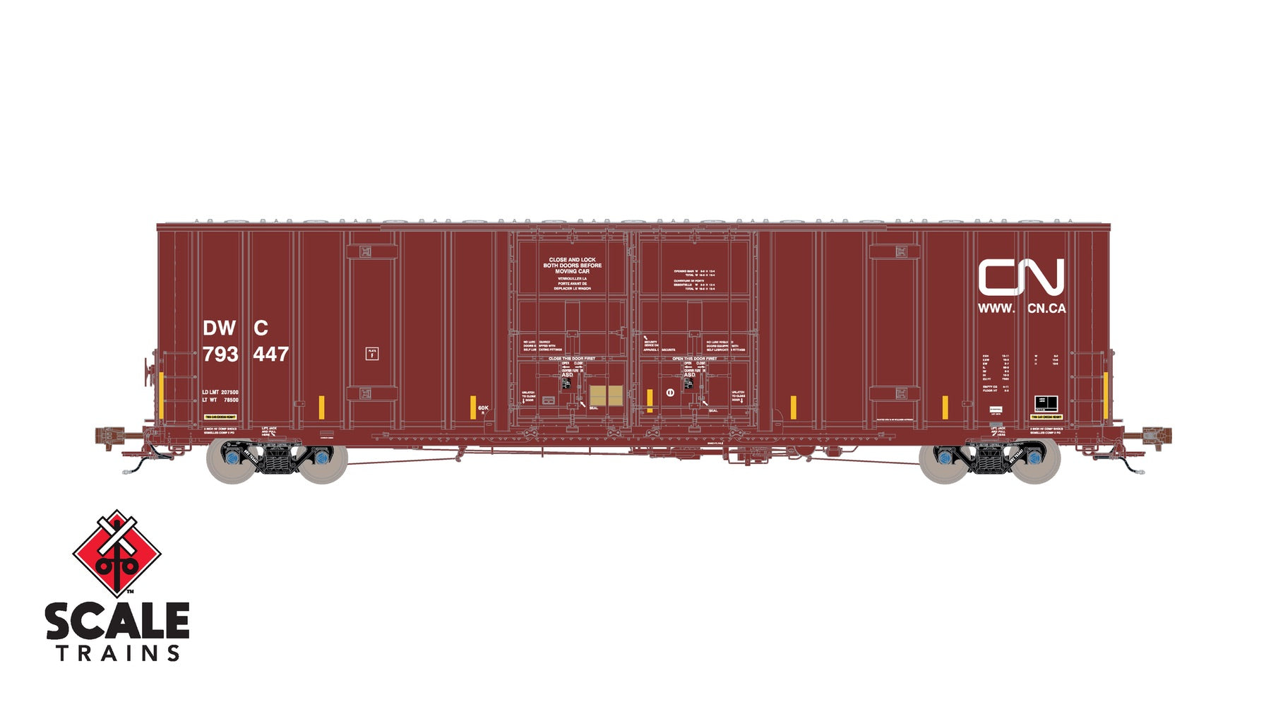 ScaleTrains SXT41000 Rivet Counter HO Scale Trinity 60' 7500 8' Double-Plug-Door High-Cube Boxcar, Canadian National/Conspicuity Stripes/DWC 793464