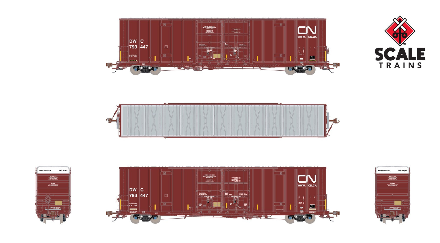 ScaleTrains SXT41002 Rivet Counter HO Scale Trinity 60' 7500 8' Double-Plug-Door High-Cube Boxcar, Canadian National/Conspicuity Stripes/DWC 793478