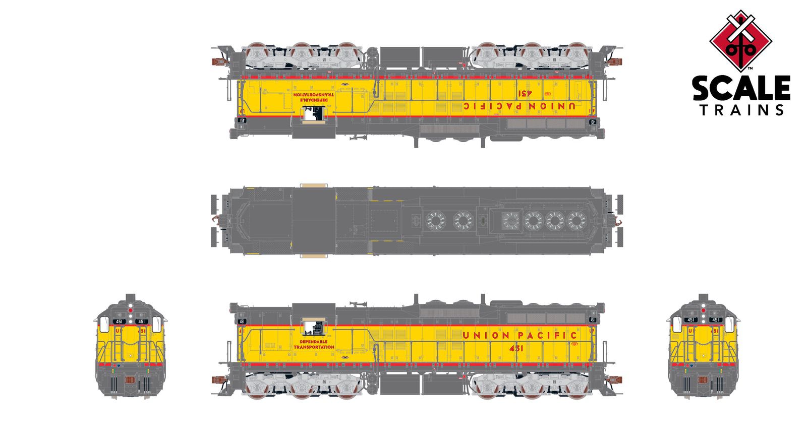 ScaleTrains SXT41204 Rivet Counter HO Scale EMD SD7, Union Pacific/Dependable Transportation 451 DCC & Sound Equipped