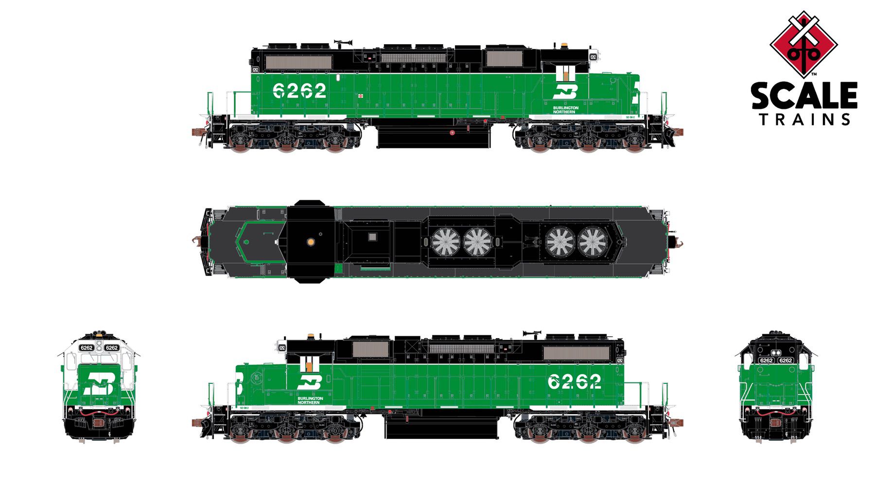 ScaleTrains SXT41232 Rivet Counter HO Scale EMD SD38-2, Burlington Northern/White Face/Beacon 6260 DCC & Sound Equipped