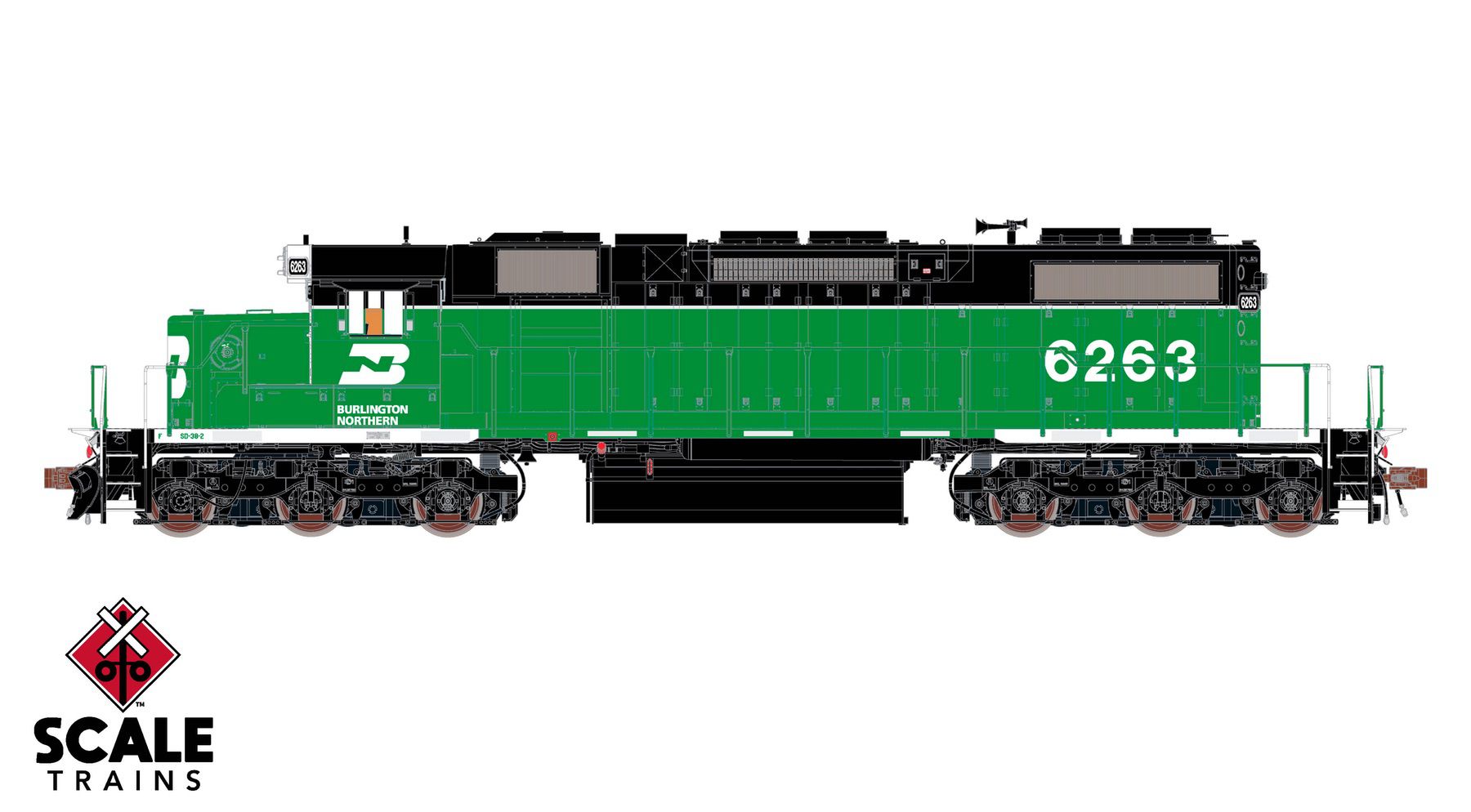 ScaleTrains SXT41236 Rivet Counter HO Scale EMD SD38-2, Burlington Northern/White Face/No Beacon 6263 DCC & Sound Equipped