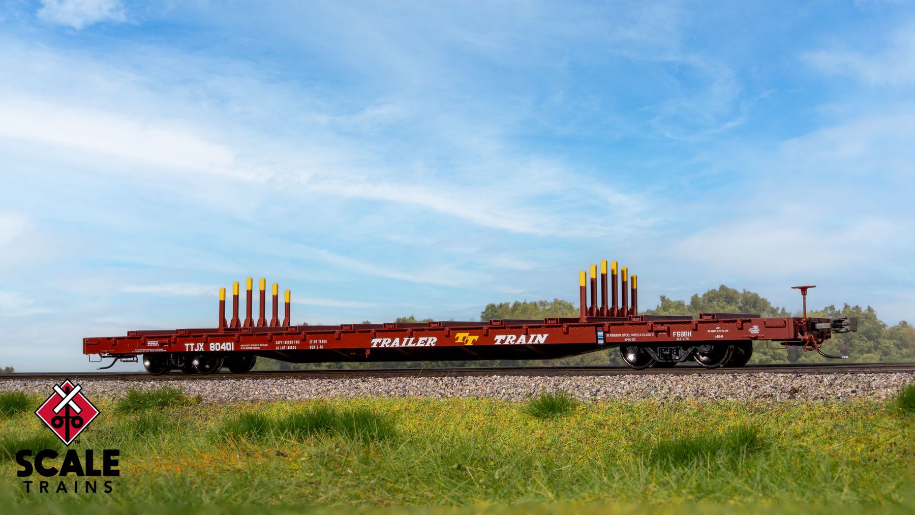 ScaleTrains SXT41742 Rivet Counter HO Scale BSC F68BH Finger Rack Flatcar, Trailer Train/Oxide Red/As Delivered/TTJX 80401