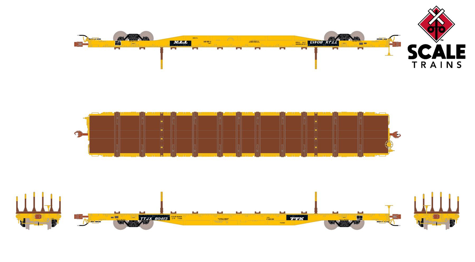 ScaleTrains SXT41746 Rivet Counter HO Scale BSC F68BH Finger Rack Flatcar, TTX/Yellow Full Repaint/1991 Speed Logo 80413