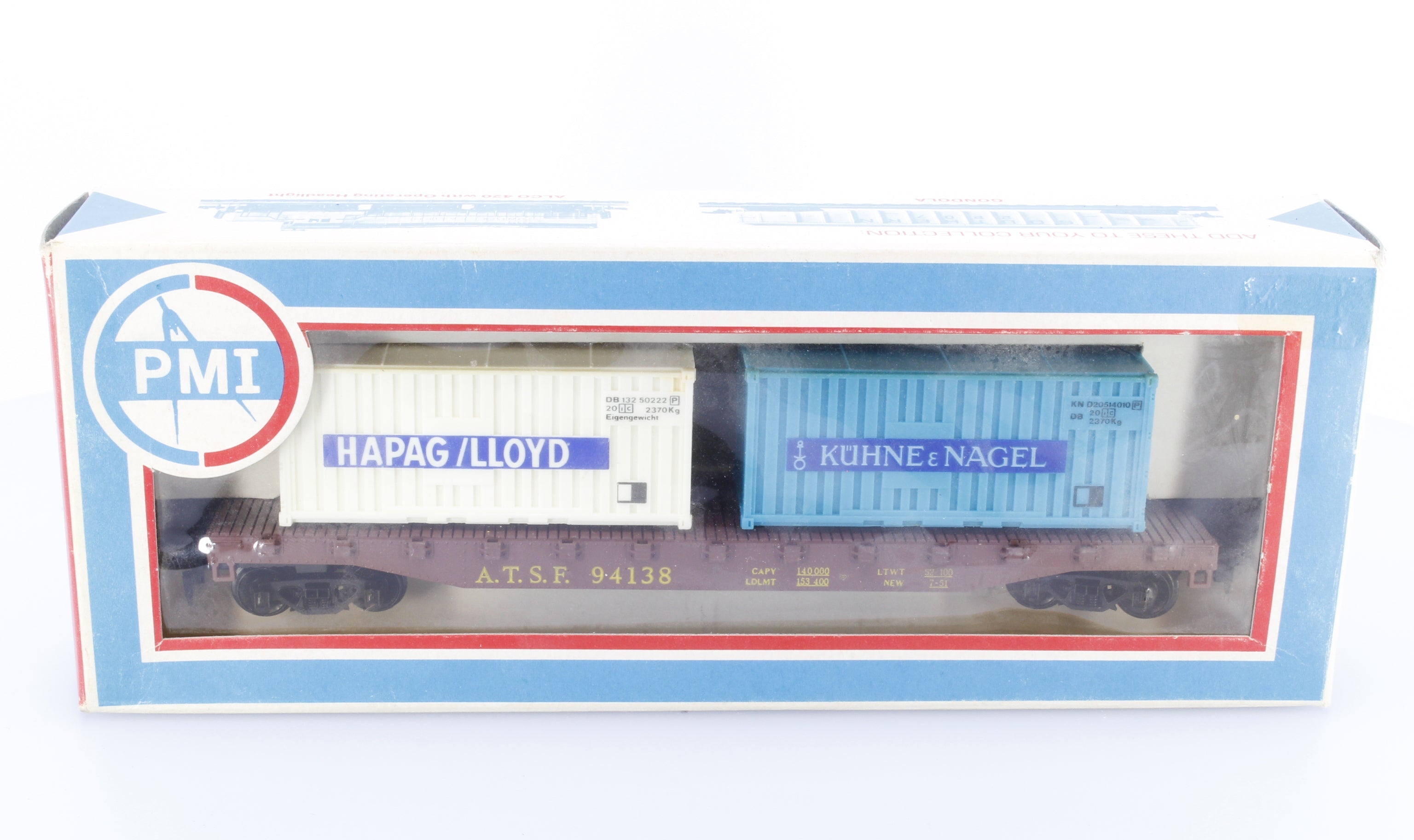 PMI 50FTFLAT HO 50' Flat Car with 2 Containers Atchison Topeka and Santa Fe (ATSF) 94138