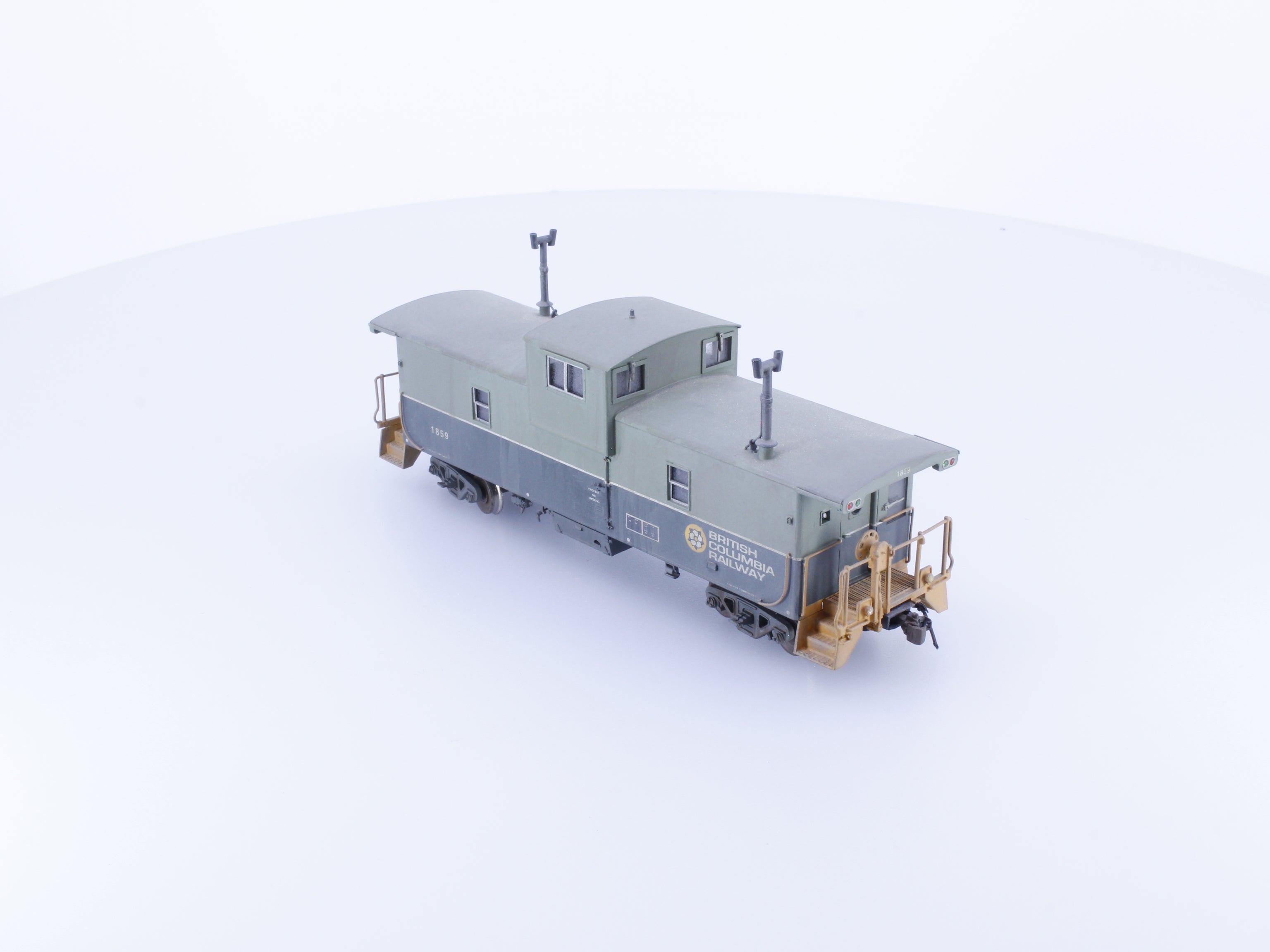 Overland OMI-3861 HO Brass Wide Vision Caboose Factory Painted BC Rail and Weathered Pacific Great Eastern (PGE) 1859