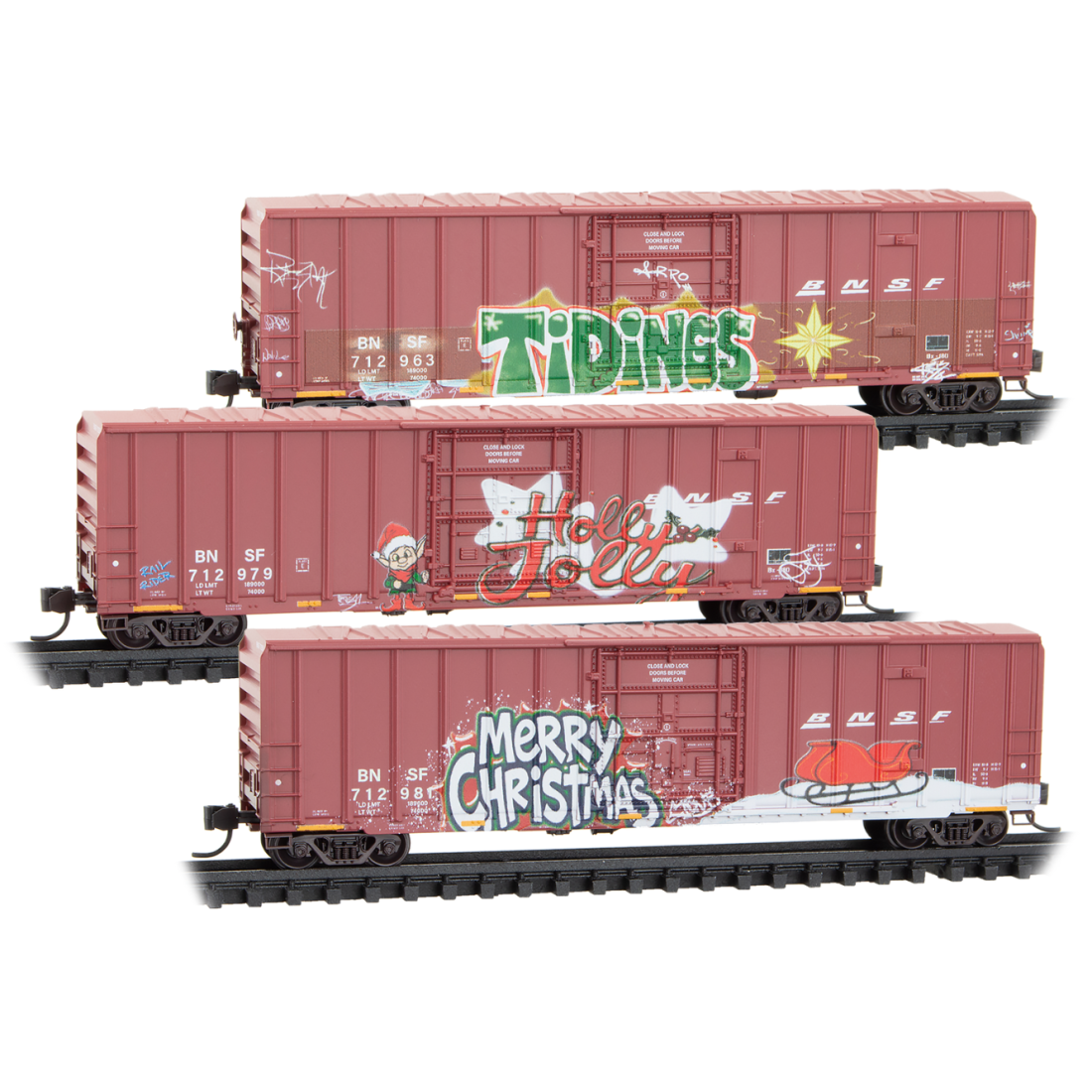 Micro Trains N 98302289 50' Rib-Side Plug-Door Boxcar No Roofwalk 3-Pack - BNSF Christmas Graffiti