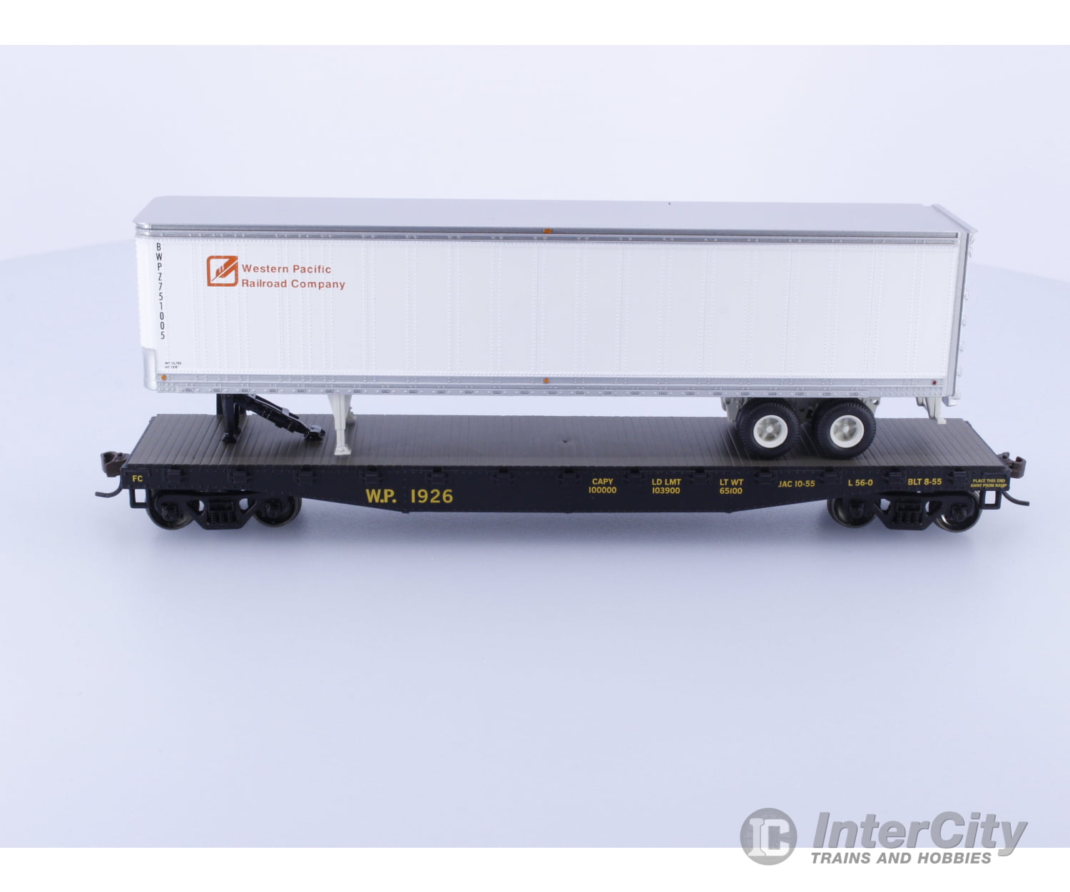 Athearn 92073 HO 50’ Flat car with 45’ trailer Western Pacific (WP) 1926 Freight Cars