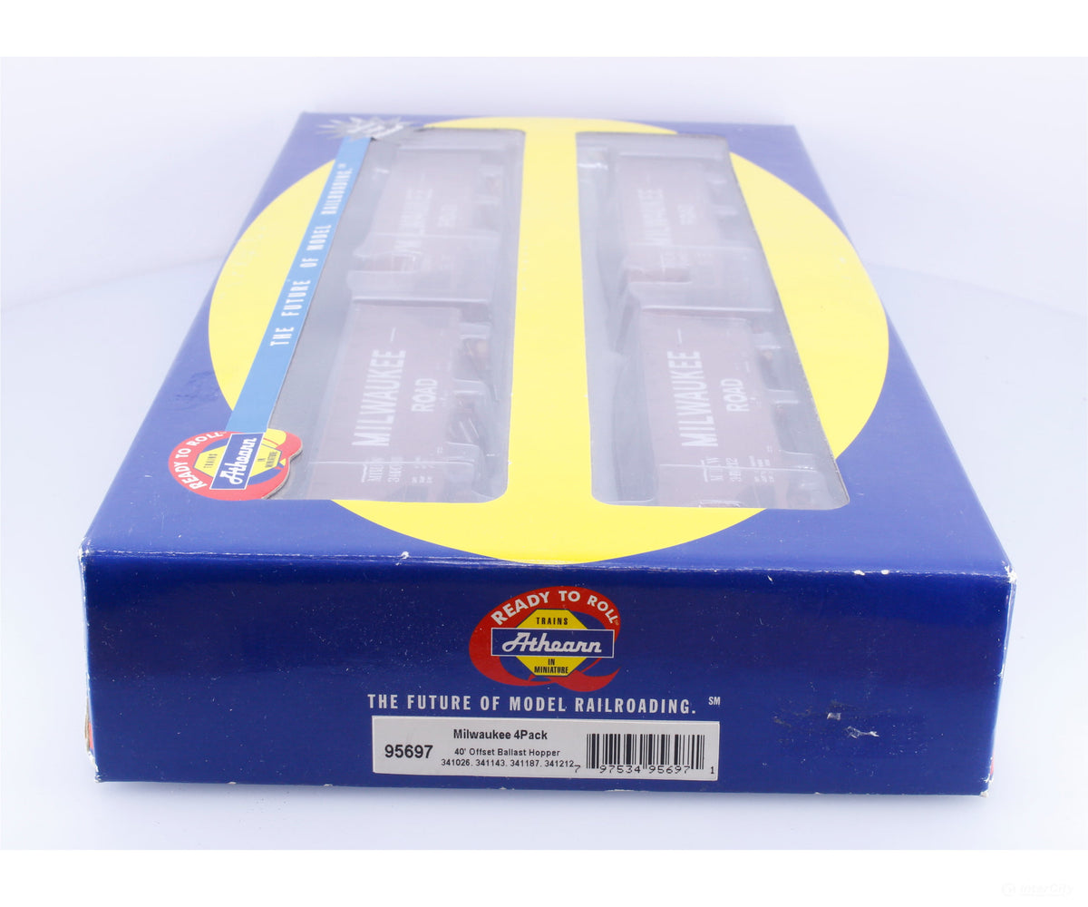 Athearn 95697 HO 4 Pack 40’ Offset Ballast Hopper. Milwaukee Road (MILW) 341212/026/187/143 - Freight Cars