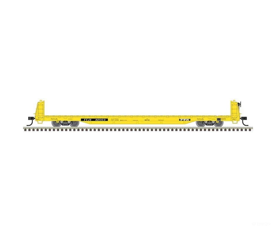 Atlas Trainman HO 20007968 62’ Short-Bulkhead Flatcar - TTX TTJX #82069 (yellow black) - Freight Cars