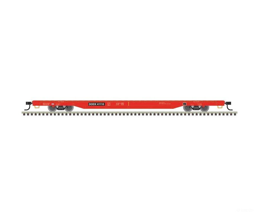 Atlas Trainman HO 20007977 68’ Flatcar - Department of Defense DODX #41110 (red black) - Freight Cars