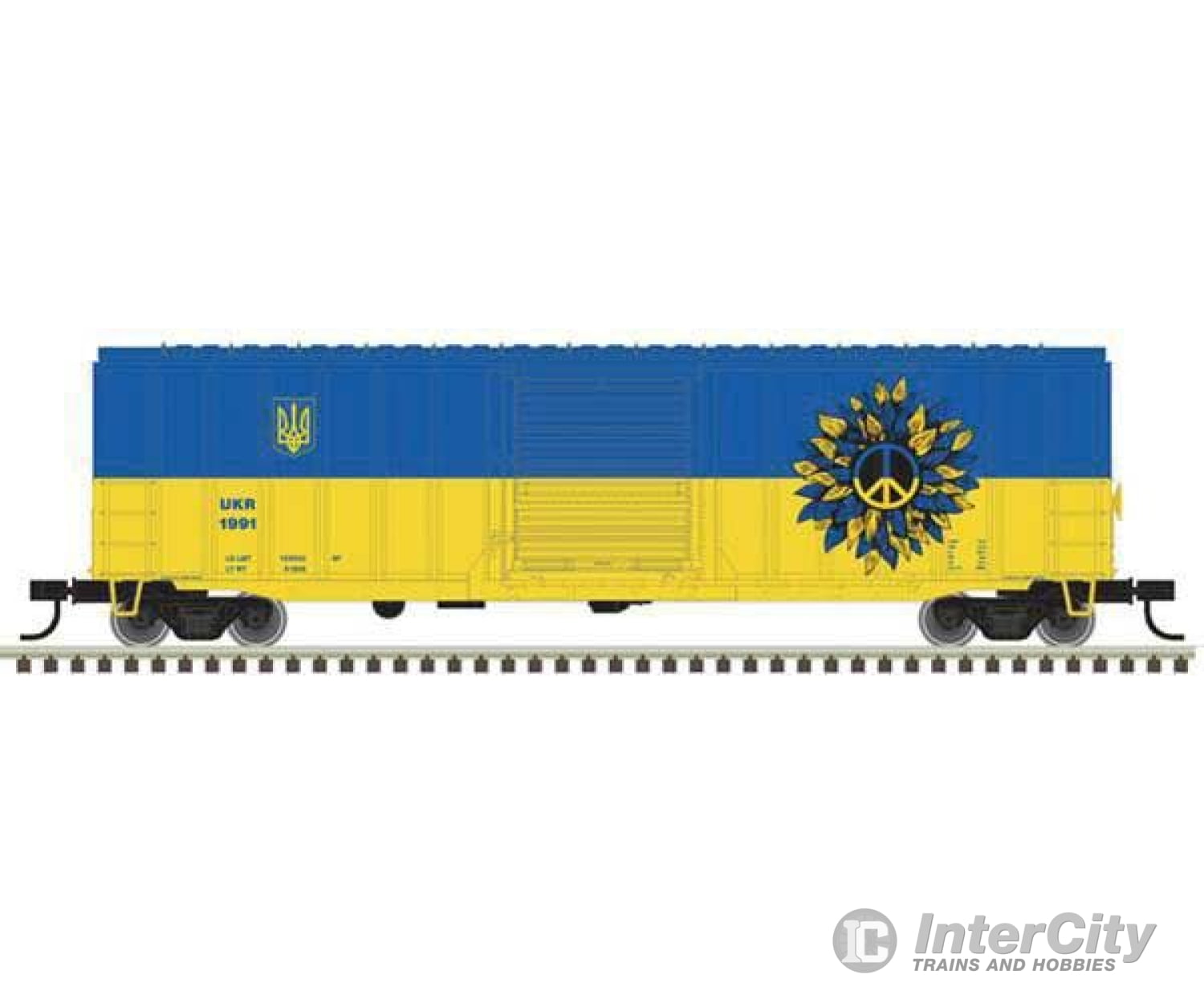 Atlas Trainman N 50006268 50 6 Boxcar - Ready To Run -- Ukraine #1991 (Peace Symbol; Blue Yellow)
