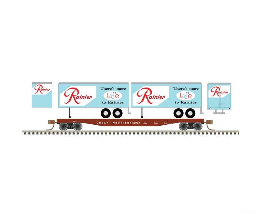 Atlas Trainman N 50006514 50’ Piggyback Flatcar w/Two 24’ Trailers - Great Northern #60220 (Rainier Trailers blue red