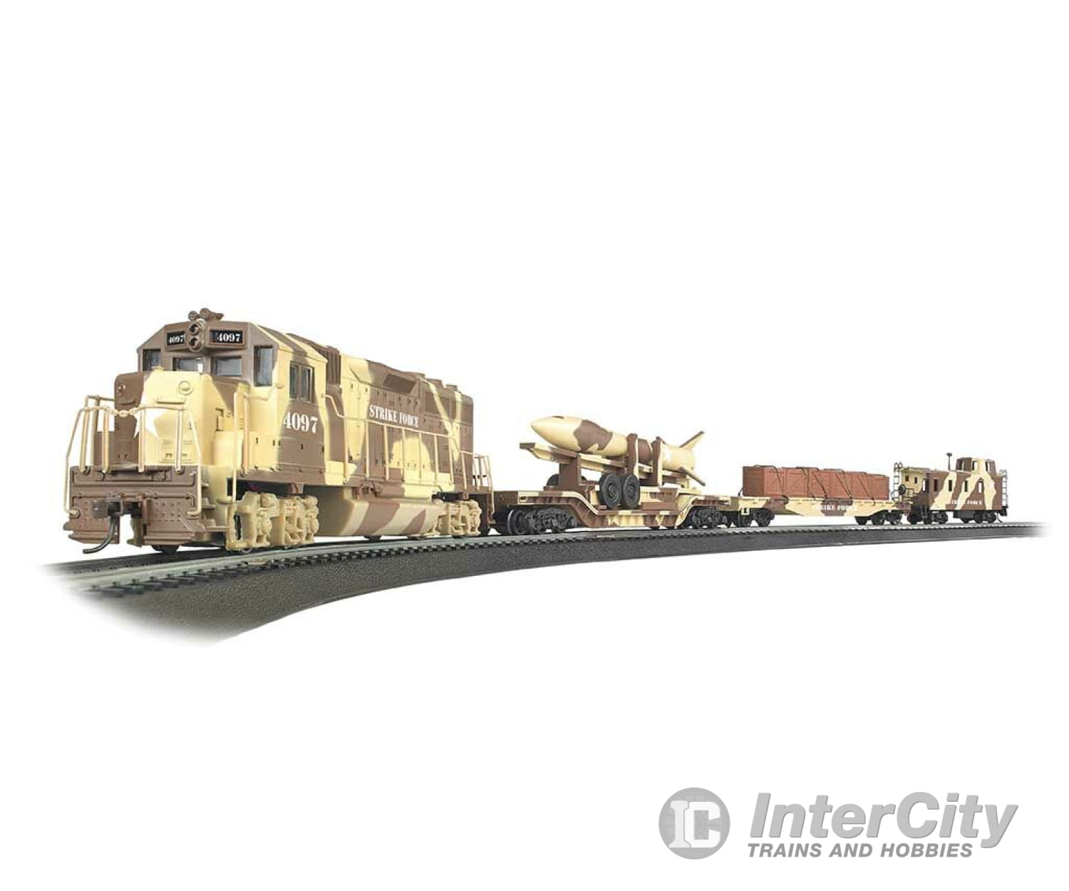 Bachmann 752 Strike Force - Standard Dc -- Emd Gp40 Locomotive 2 Flat Cars With Loads Caboose; Track