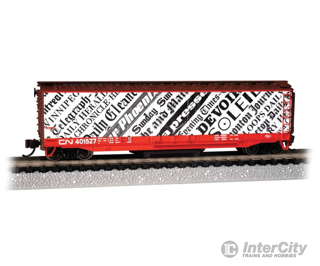 Bachmann N 16372 Track Cleaning 50’ Plug-Door Boxcar - Canadian National #401527 (Boxcar Red yellow white; Newsprint