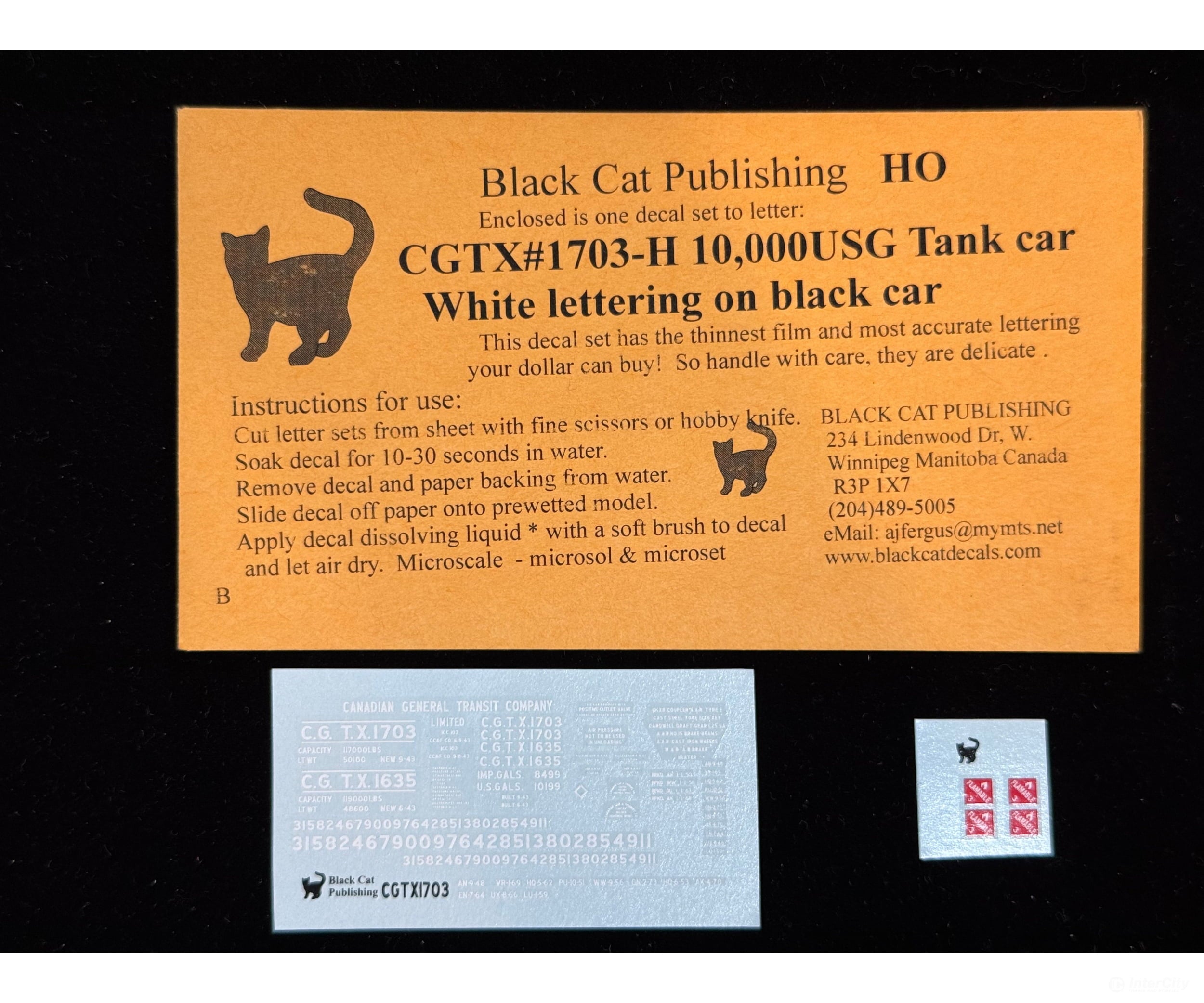 Black Cat Decals CGTX1703-H HO 10K USG Tank Car White Lettering on Black Car - Decals
