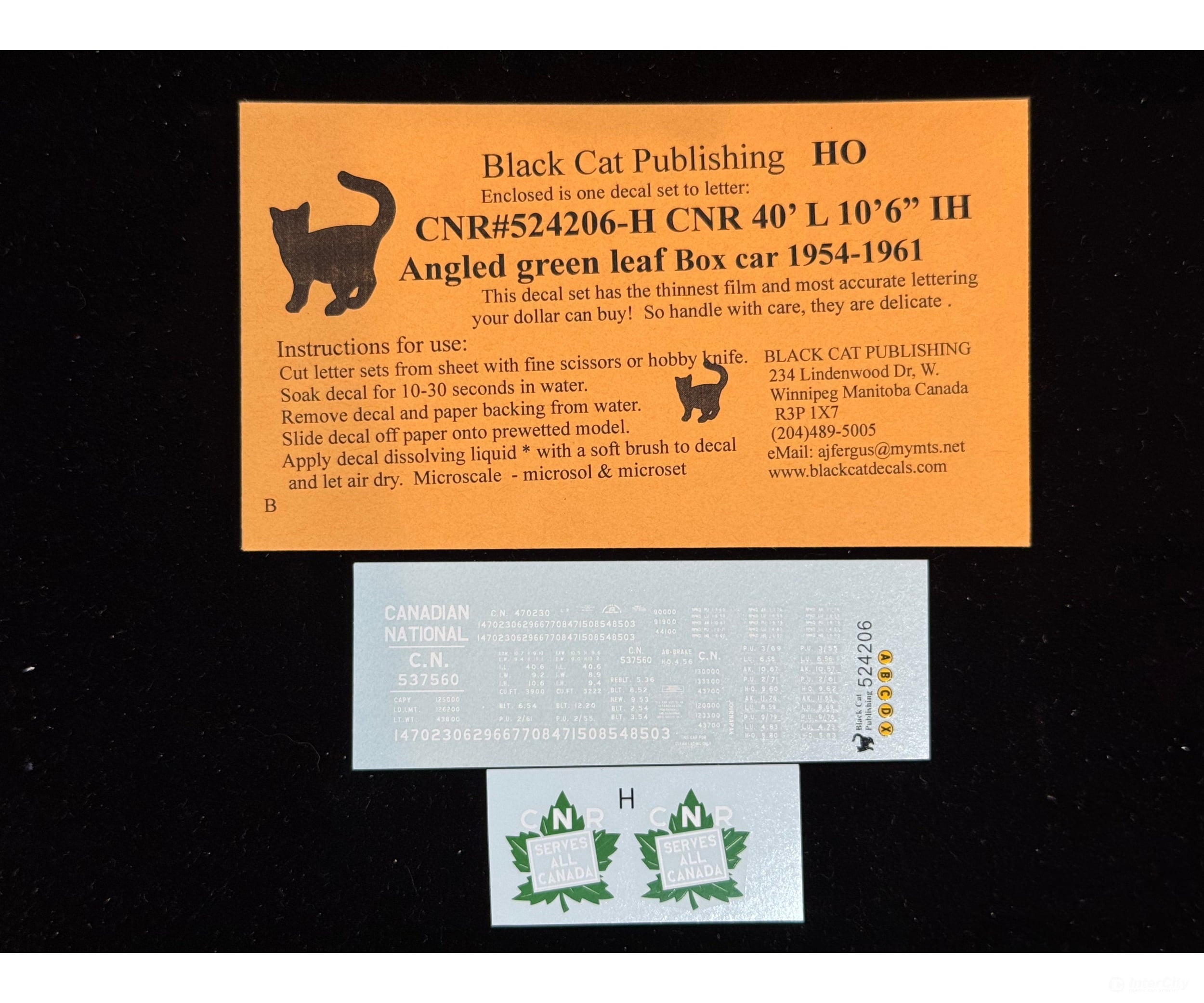 Black Cat Decals CNR524206-H HO CNR 40’ L 10’6’’ IH Angled Green Leaf Box Car 1954-1961 - Decals