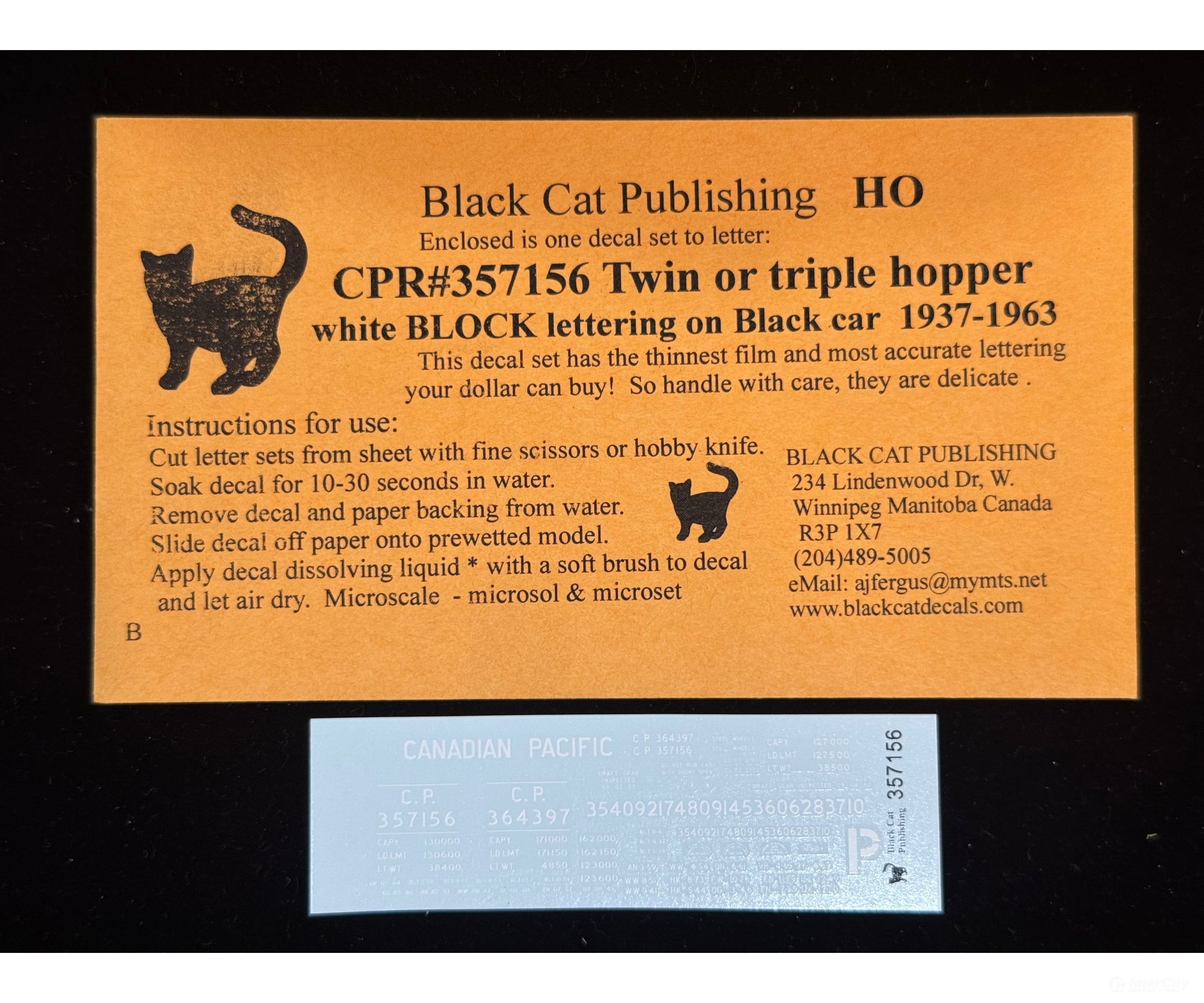 Black Cat Decals CPR357156 HO Twin or Triple Hopper White Block Lettering on Black Car 1937-1963 - Decals
