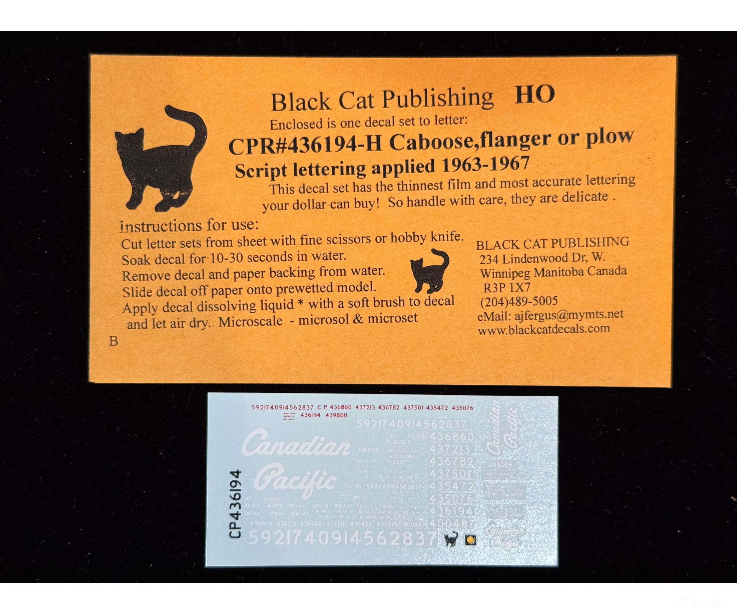 Black Cat Decals CPR436194-H HO Caboose Flanger or Plow Script Lettering 1963-1967 - Decals