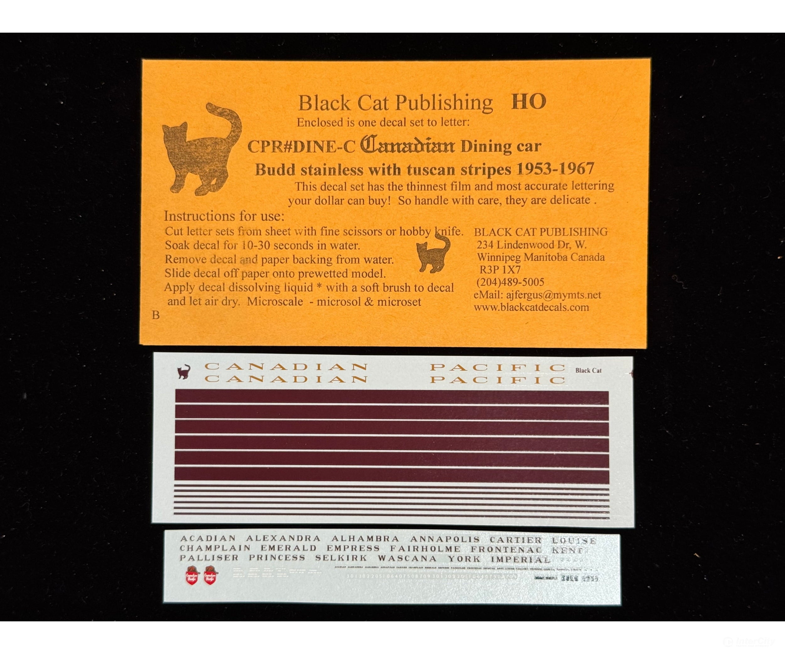 Black Cat Decals CPRDINE-C HO CANADIAN Dining Car Budd Stainless with Tuscan Stripes 1953-1967 - Decals