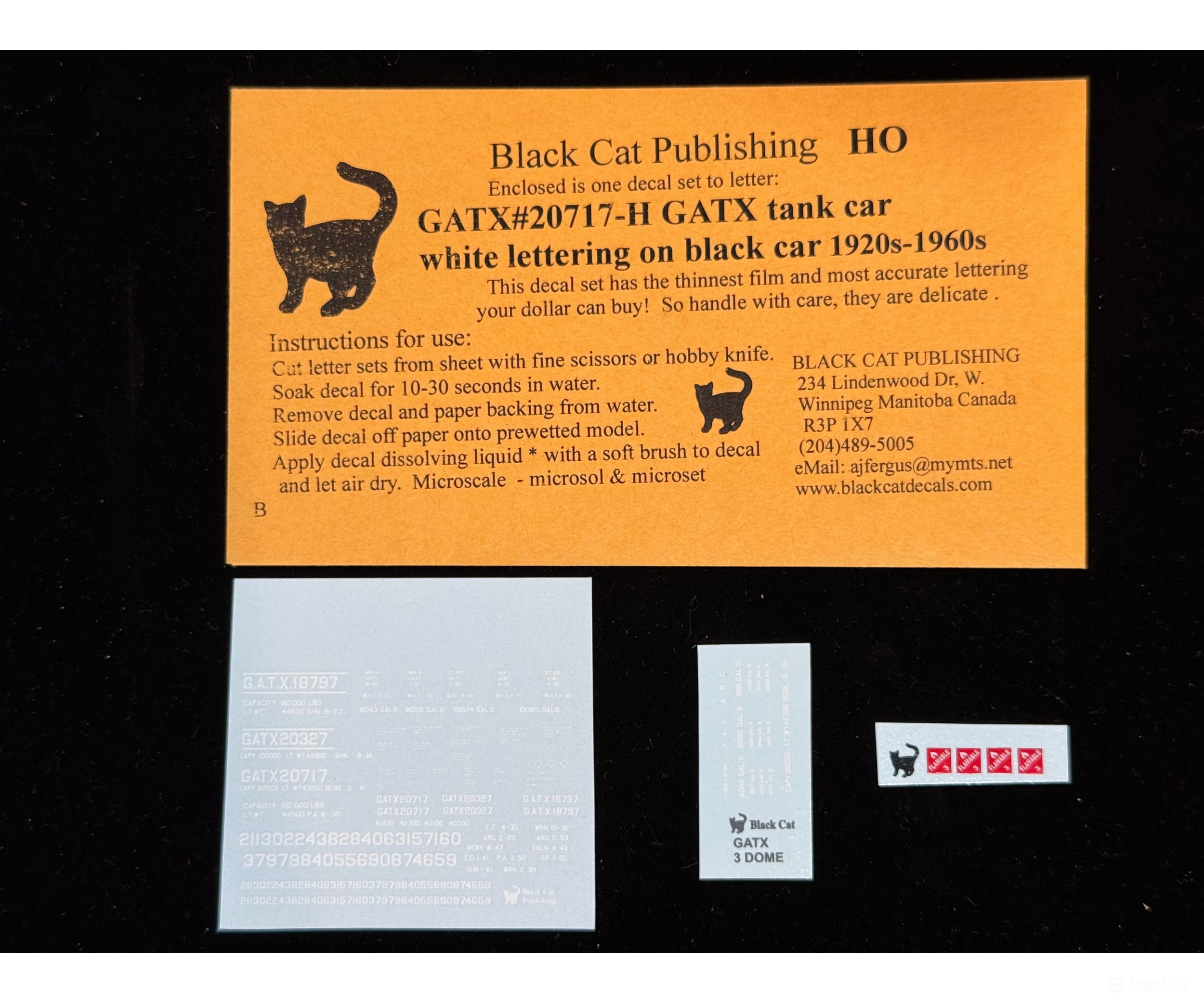 Black Cat Decals GATX20717-H HO GATX Tank Car White Lettering on Black Car 1920’s-1960’s - Decals
