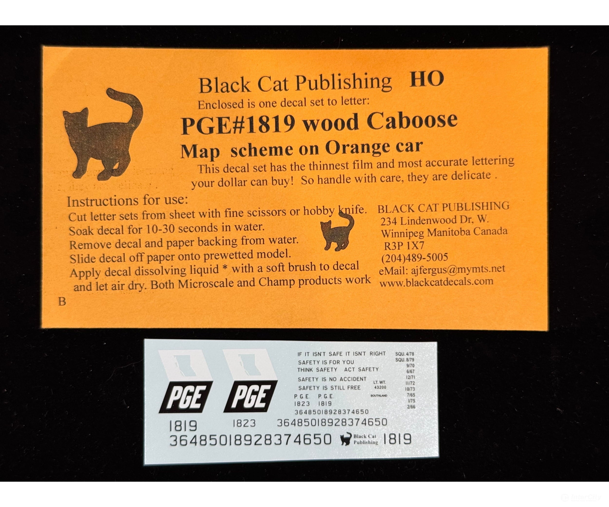 Black Cat Decals PGE1819-H HO PGE Wood Caboose Map Scheme on Orange Car - Decals