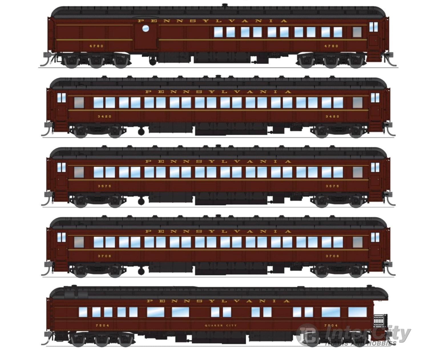 Broadway Limited Imports HO 8965 PRR 5-Car Set - PB70 Combine 3 P70Coach Z74D Business Observation Set - RTR