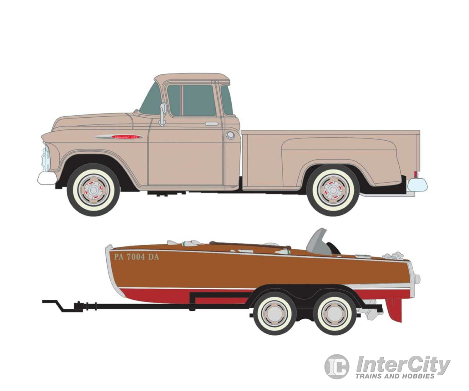 Classic Metal Works Ho 40013 1957 Chevy Step-Side Pickup Truck With Fishing Boat And Trailer -