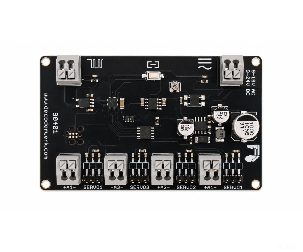 Decoderwerk 90401 4-channel servo decoder with 4 lamp outputs rocker switch bell crane 3-position frog (DCC + Motorola)