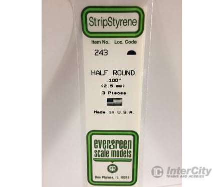 Evergreen 243 Half Round-.100 (3/Pk) Scratch Building Supplies