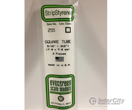 Evergreen 255 Square Tube-.312 (2/Pk) Scratch Building Supplies