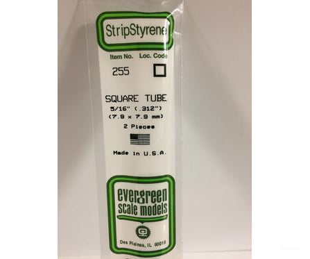 Evergreen 255 Square Tube-.312 (2/Pk) Scratch Building Supplies