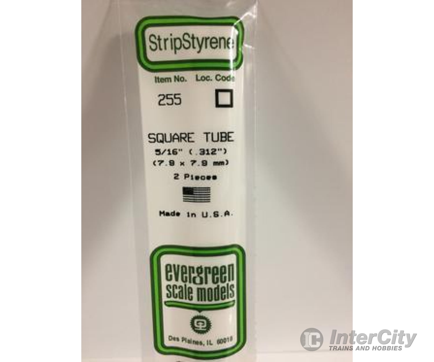 Evergreen 255 Square Tube-.312 (2/Pk) Scratch Building Supplies