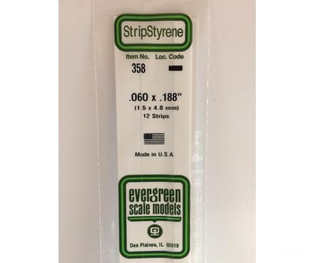 Evergreen 358 24 White Strips- .060X.188 (12/Pk) Scratch Building Supplies