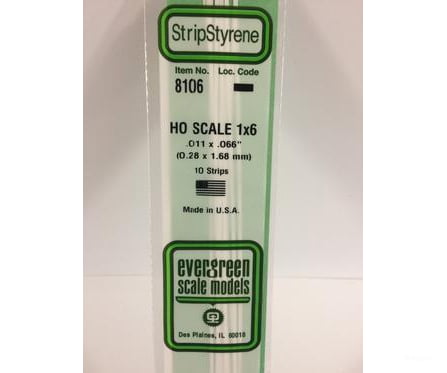 Evergreen 8106 Ho Strips-1X6 (10/Pk) Scratch Building Supplies