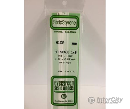 Evergreen 8108 Ho Strips-1X8 (10/Pk) Scratch Building Supplies