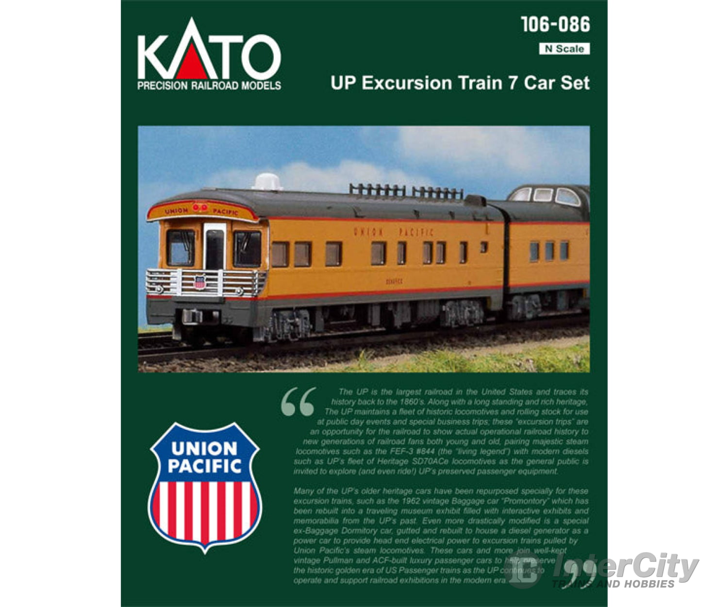 Kato 106-086 N Union Pacific Excursion Train 7-Car Set - Ready To Run -- (Armour Yellow Gray Red)
