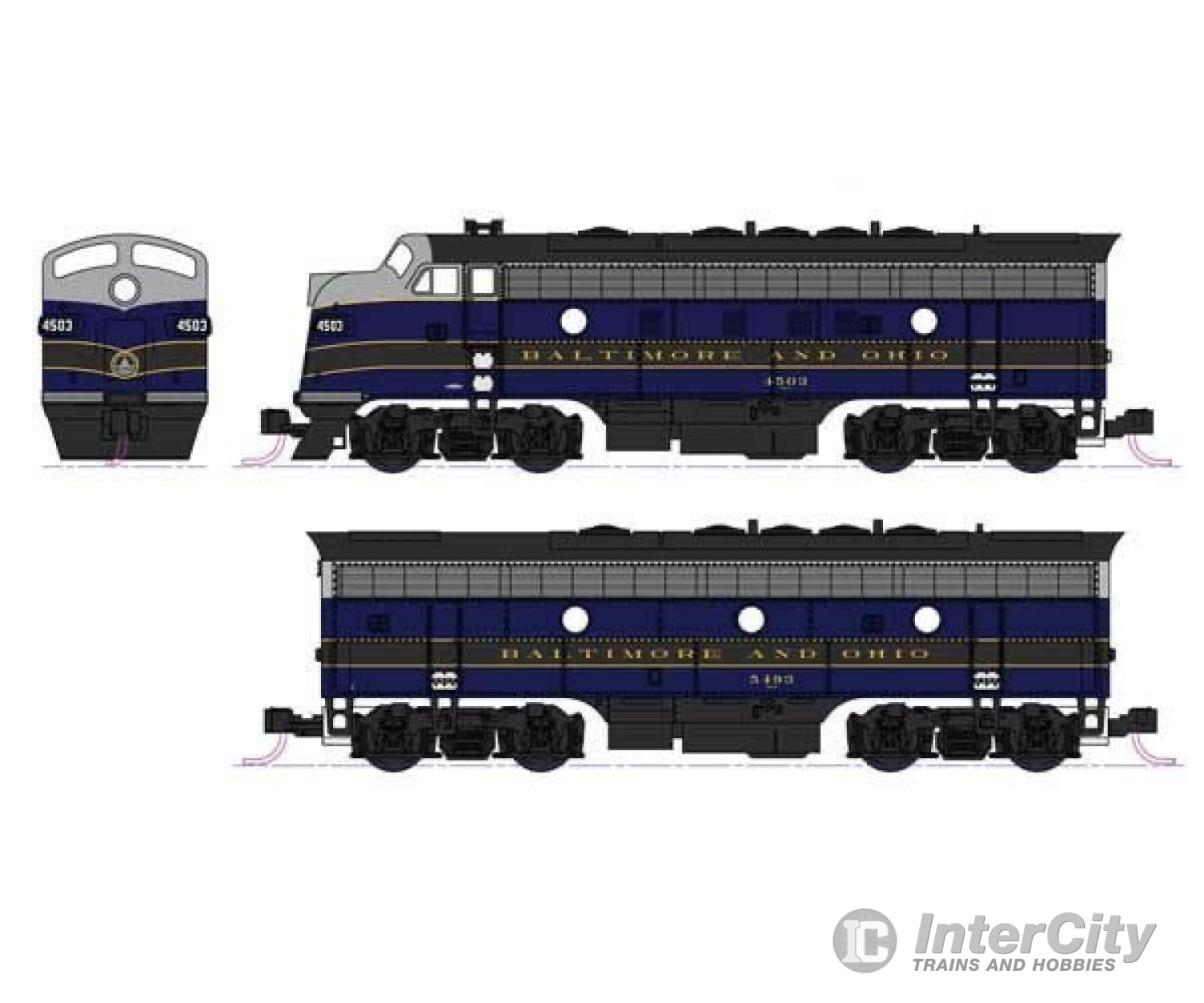 Kato 1060428 EMD F7 A-B Set - Standard DC -- Baltimore & Ohio 4503, 5493 (blue, black, gray) - Default Title (IC-381-1060428)