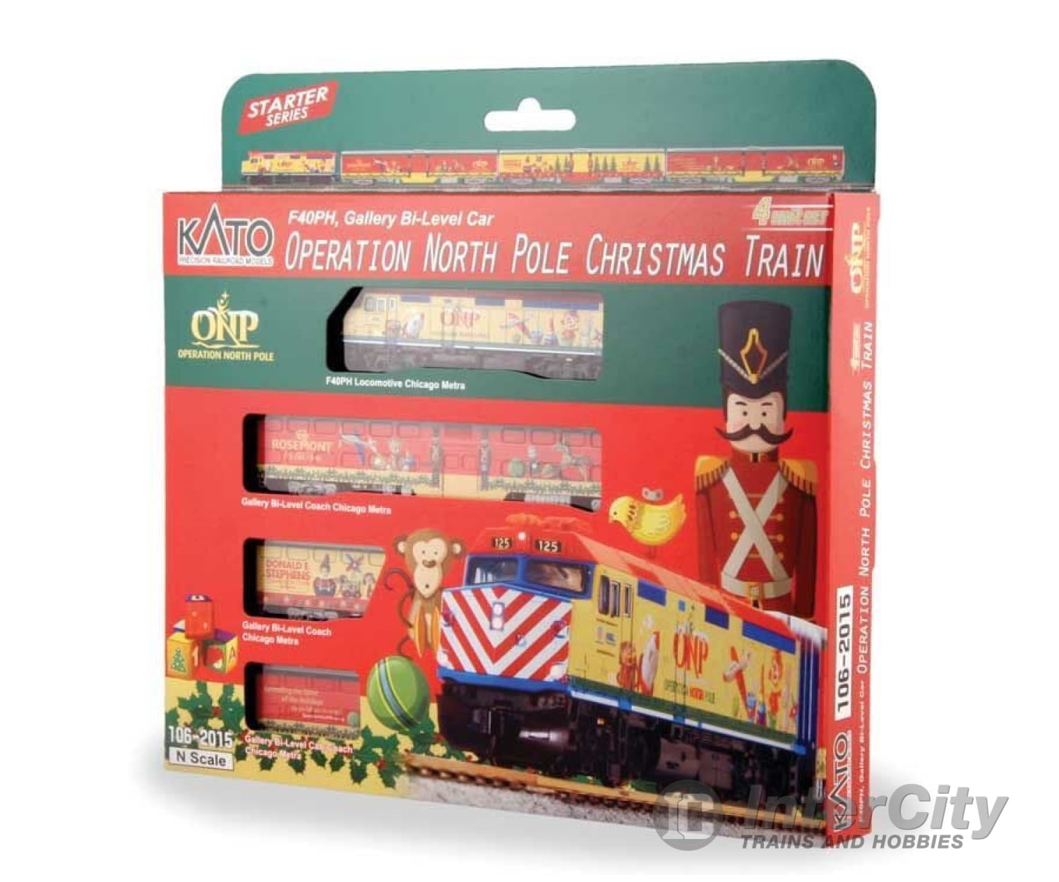 Kato 1062015 Operation North Pole Christmas Train-Only Set - Standard DC -- Metra F40PH & 3 Bi-Level Commuter Cars (2015 ONP Scheme; red, yellow, green) - Default Title (IC-381-1062015)