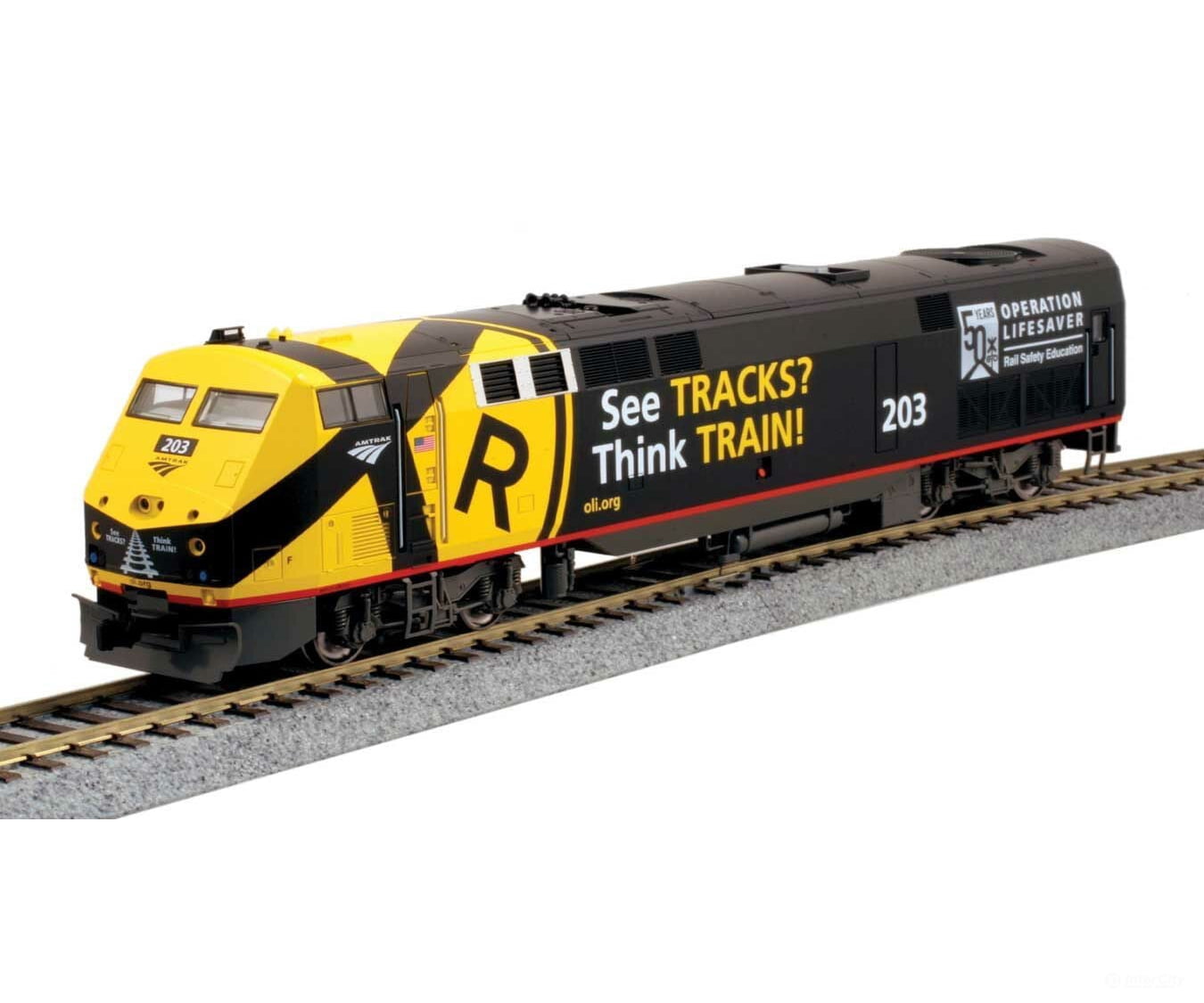 Kato 376119 GE P42 Genesis - Standard DC -- Amtrak #203 (Operation Lifesaver 50th Anniversary; black, yellow) - Default Title (IC-381-376119)