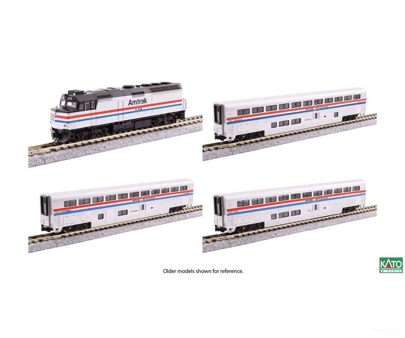 Kato N 1063530 F40PH w/Ditch Lights 3 Superliner I CarsTrain-Only Set - Standard DC - Amtrak (Phase III silver red