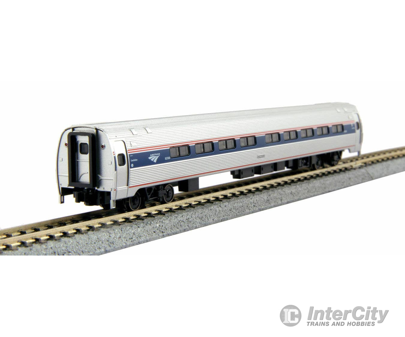 Kato N 1068003 Amfleet I Coach & Cafe Set - Amtrak #82647 48159 (Set B Phase VI; Wide Blue Stripe Travelscape Logo)